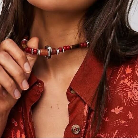 Free People Birdie Choker Necklace Brown Silver Neutral Bohemian Layering NEW - Picture 1 of 7